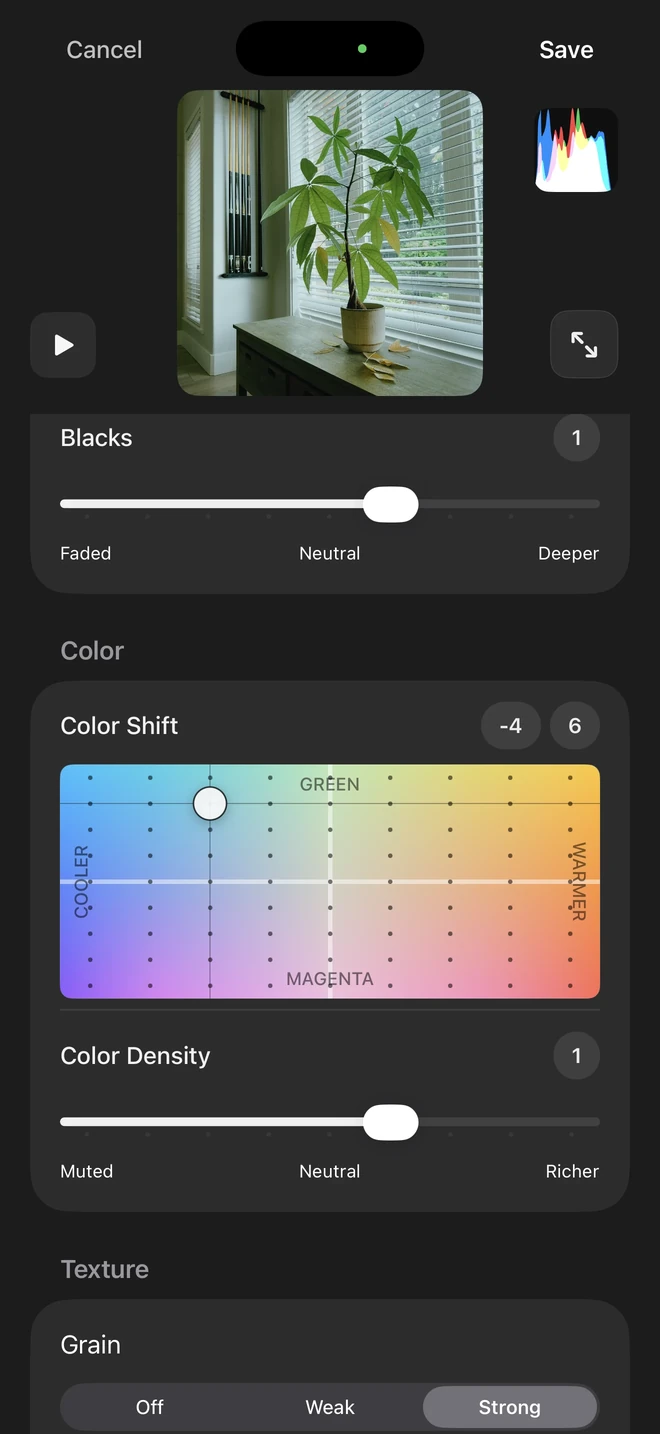 Recipe editor with a plant preview, colour shift controls, colour density and grain settings