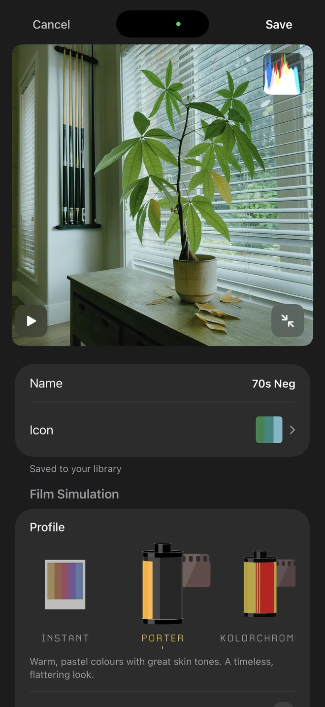 A Porter-based recipe named 70s Neg, with a custom icon and Saved to your library confirmation