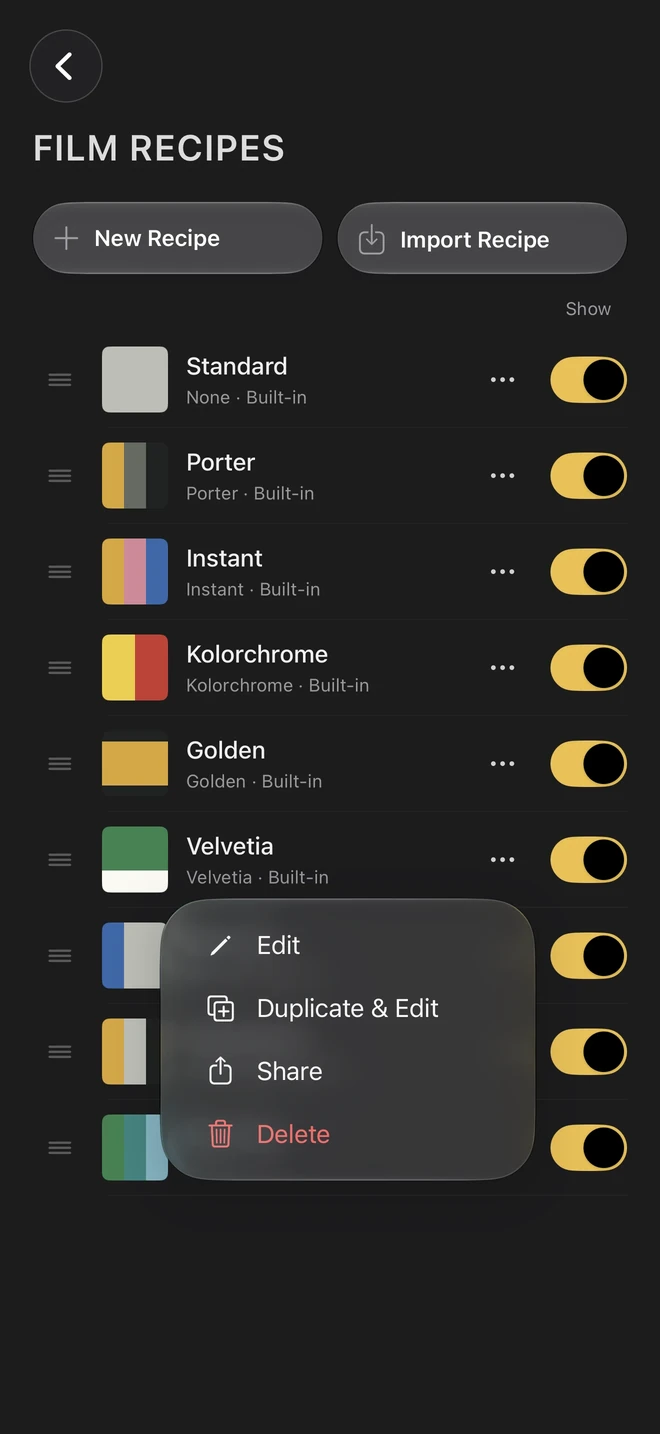 Film recipe library with the recipe actions menu open, including Share