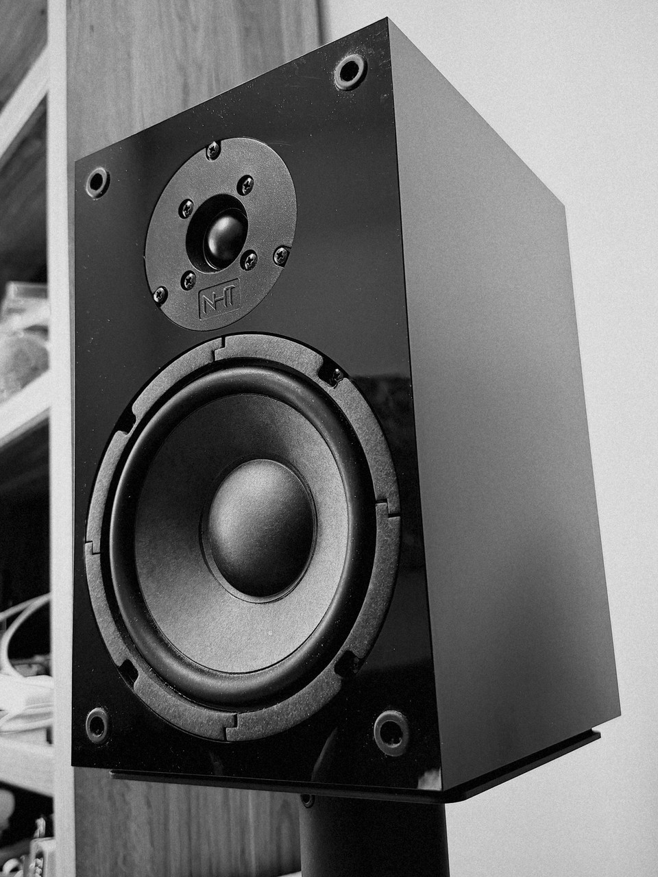 A hi-fi speaker photographed in black and white